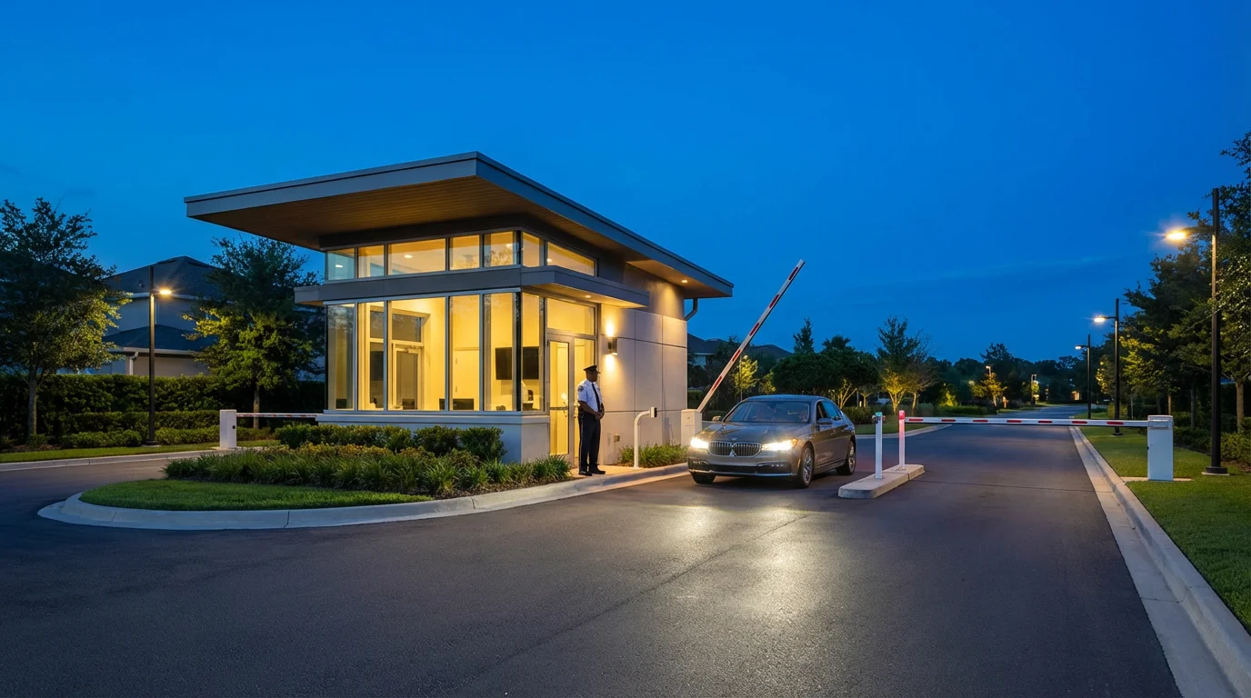 A secure, well-lit guardhouse entrance to a modern residential community at twilight.
