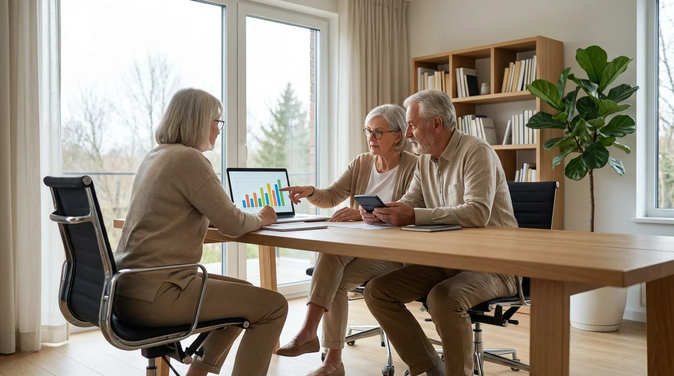 A senior couple at a desk with a laptop and calculator, planning their finances together.