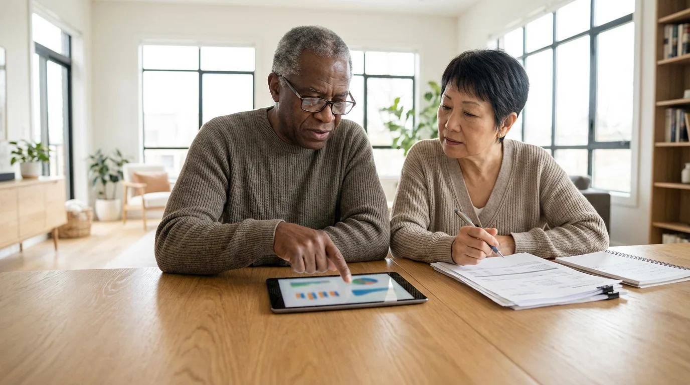 A senior couple at a dining table reviewing their retirement finances on a tablet.