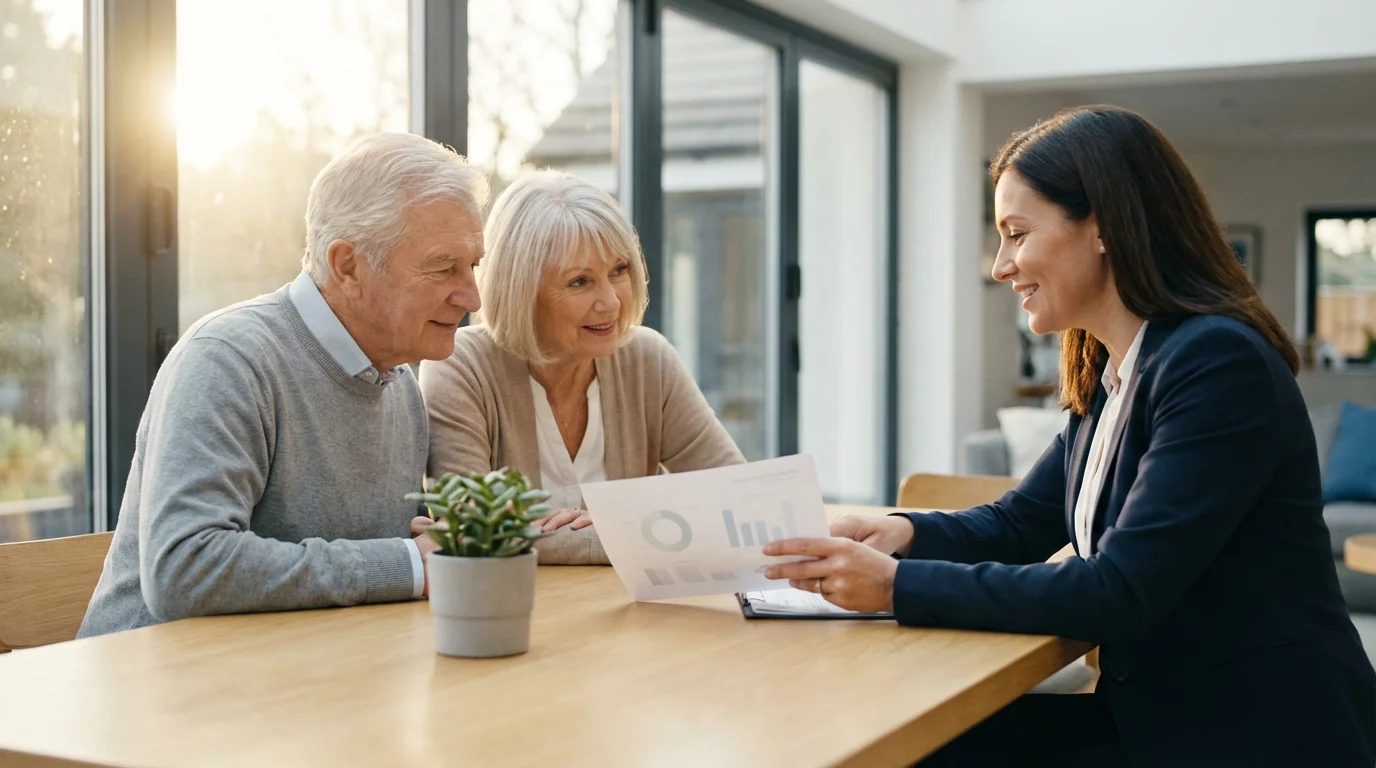 A senior couple discussing financing options with a financial advisor in a brightly lit room.