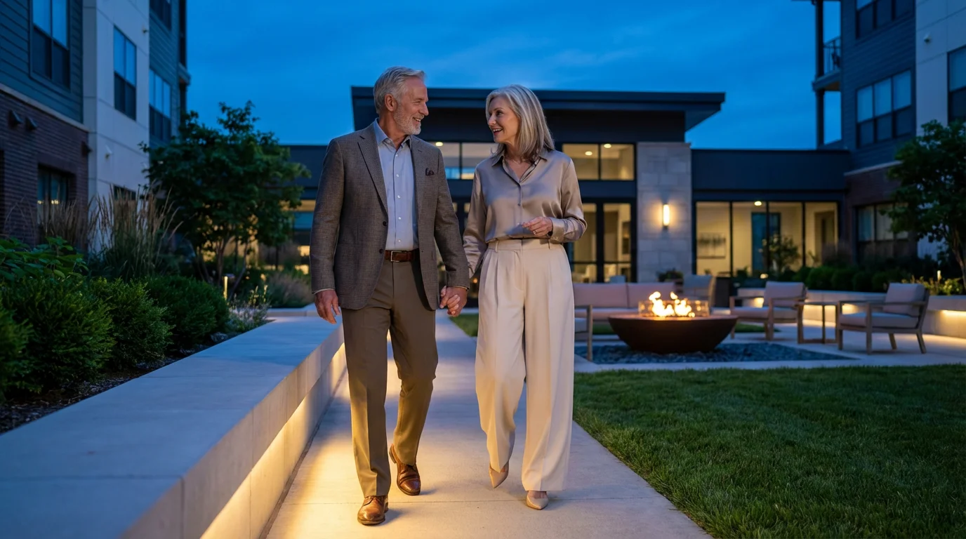 A senior couple enjoys an evening walk through a modern, upscale retirement community courtyard.