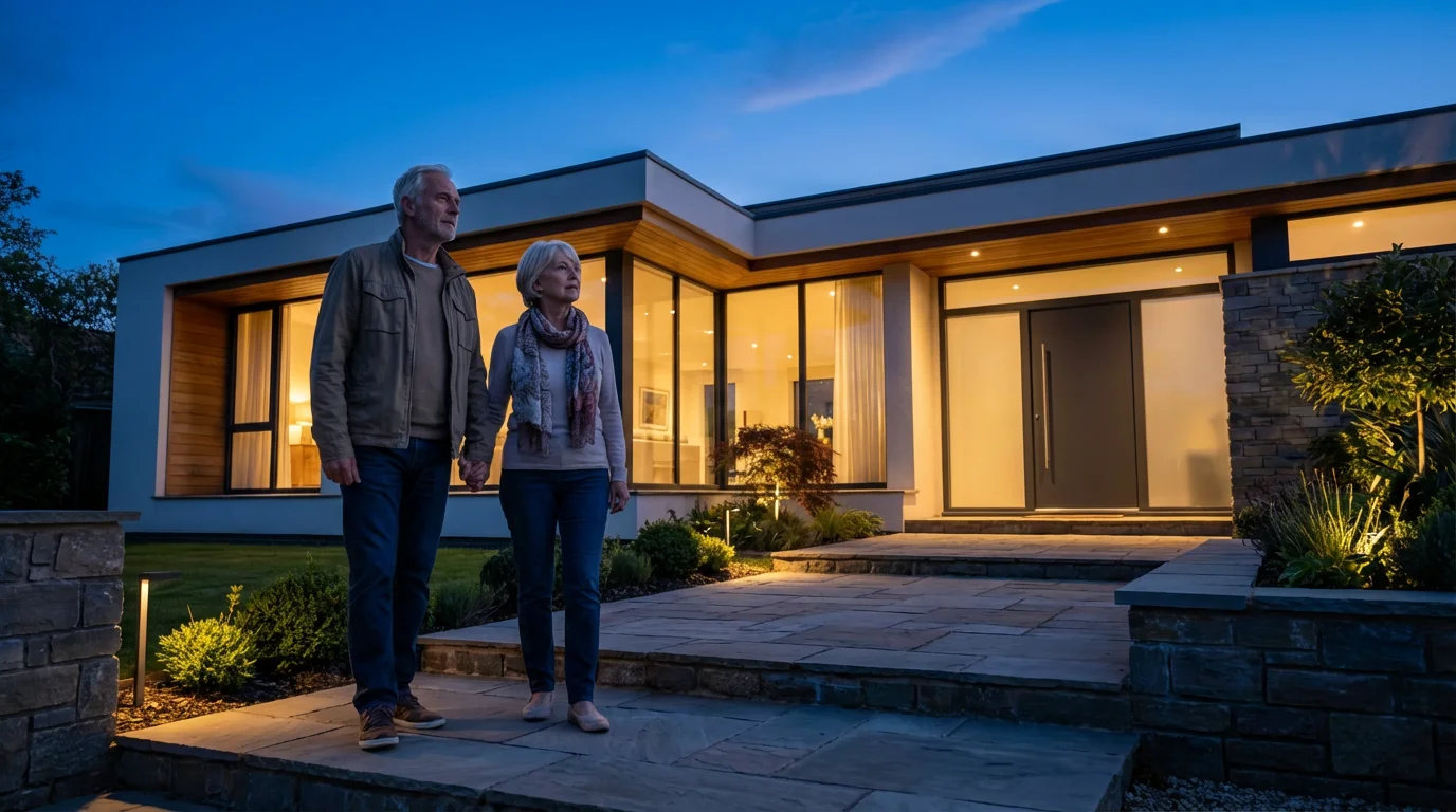 A senior couple from a low angle, looking up at a modern home at twilight.