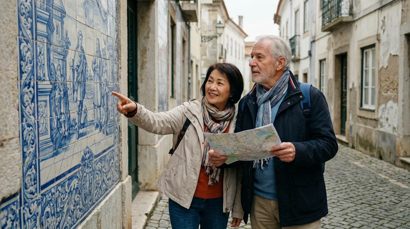 A senior couple from an over-the-shoulder view admiring a traditional tile wall in Europe.