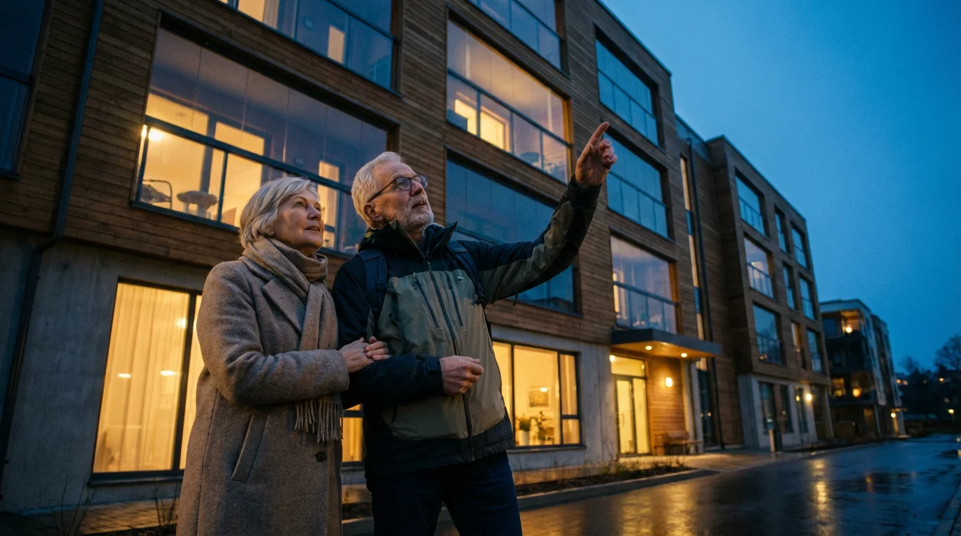 A senior couple looks up thoughtfully at a modern apartment building during the blue hour.