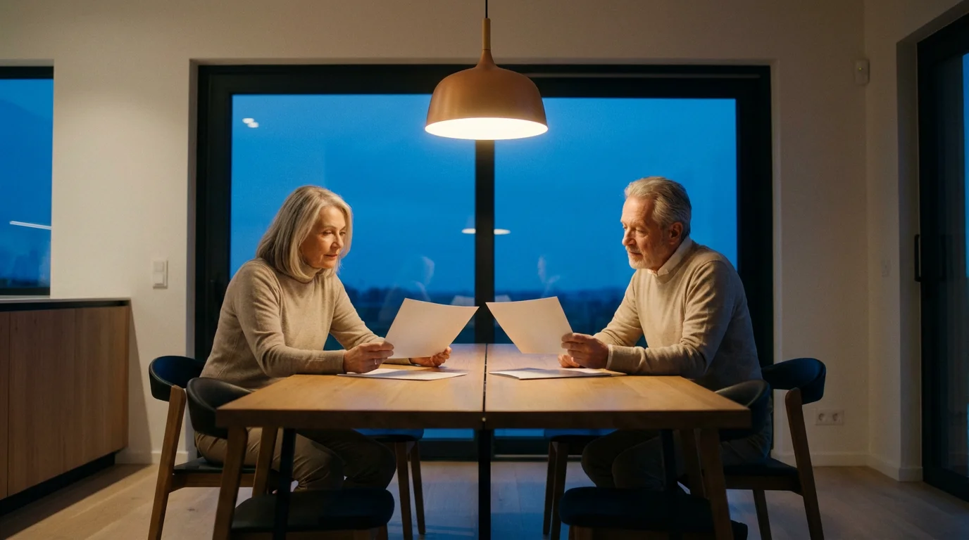 A senior couple reviewing blank brochures at a table in their home at twilight.