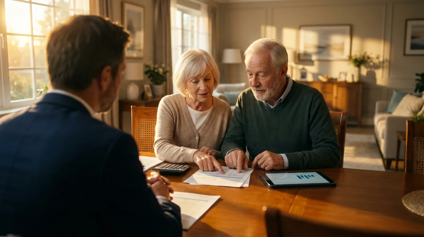A senior couple reviewing financial documents with an advisor during golden hour at home.