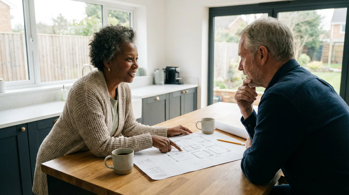 A senior couple reviews a house floor plan while planning for their retirement.