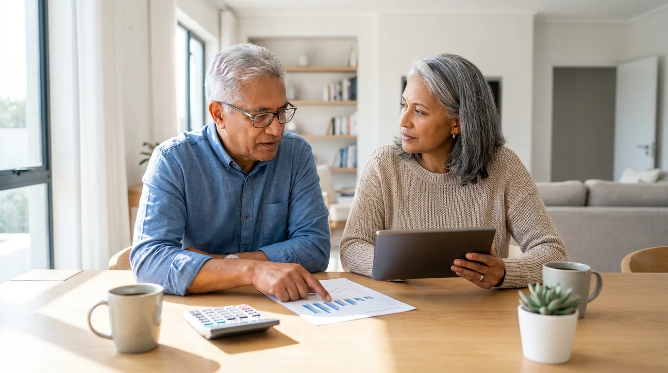 A senior couple sits at a table planning their finances with documents and a tablet.
