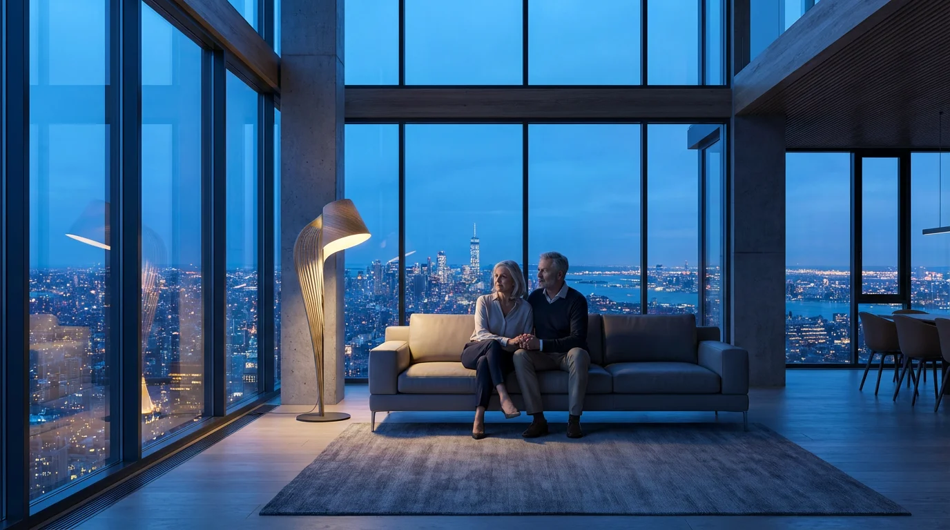 A senior couple sits in a modern living room overlooking a city at dusk.