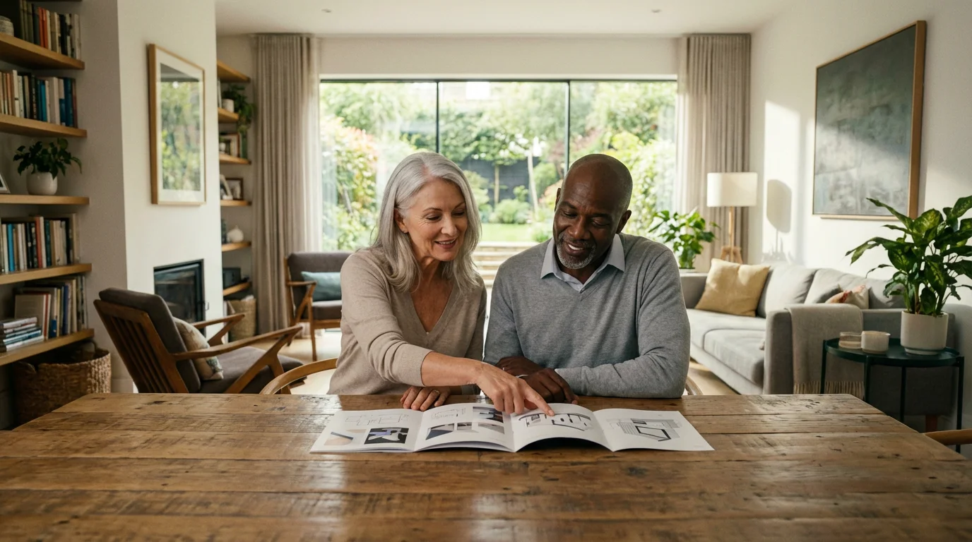 A senior couple sits in a sunlit room, happily reviewing a brochure together.