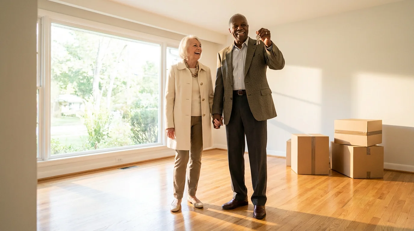 A senior couple stands in an empty room with moving boxes, holding keys.
