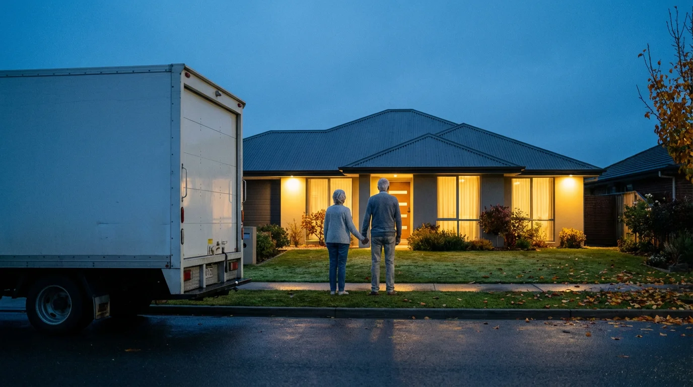 A senior couple stands on a lawn at dusk, looking at their new house with a moving truck parked outside.