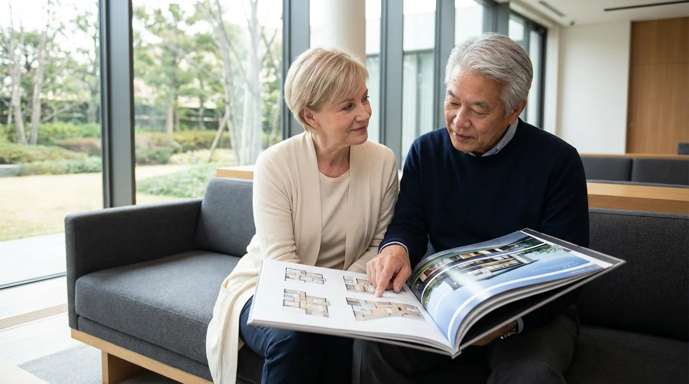 A senior couple thoughtfully evaluates brochure options in a modern community living common area.