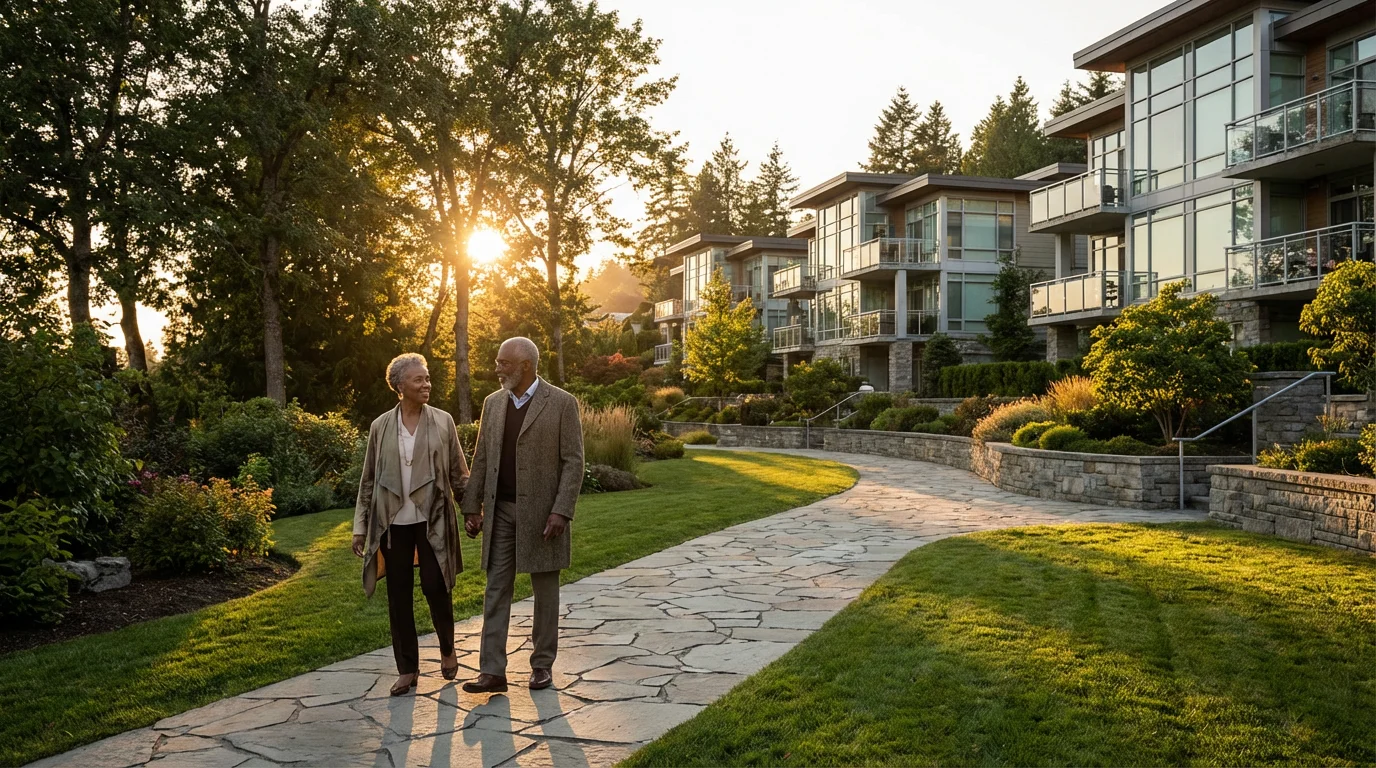 A senior couple tours the beautiful landscaped grounds of a modern retirement community at sunset.