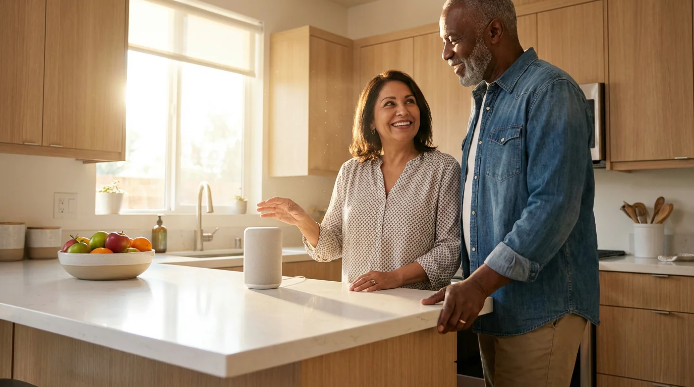 A senior couple uses a smart speaker in their modern, sunlit retirement apartment kitchen.