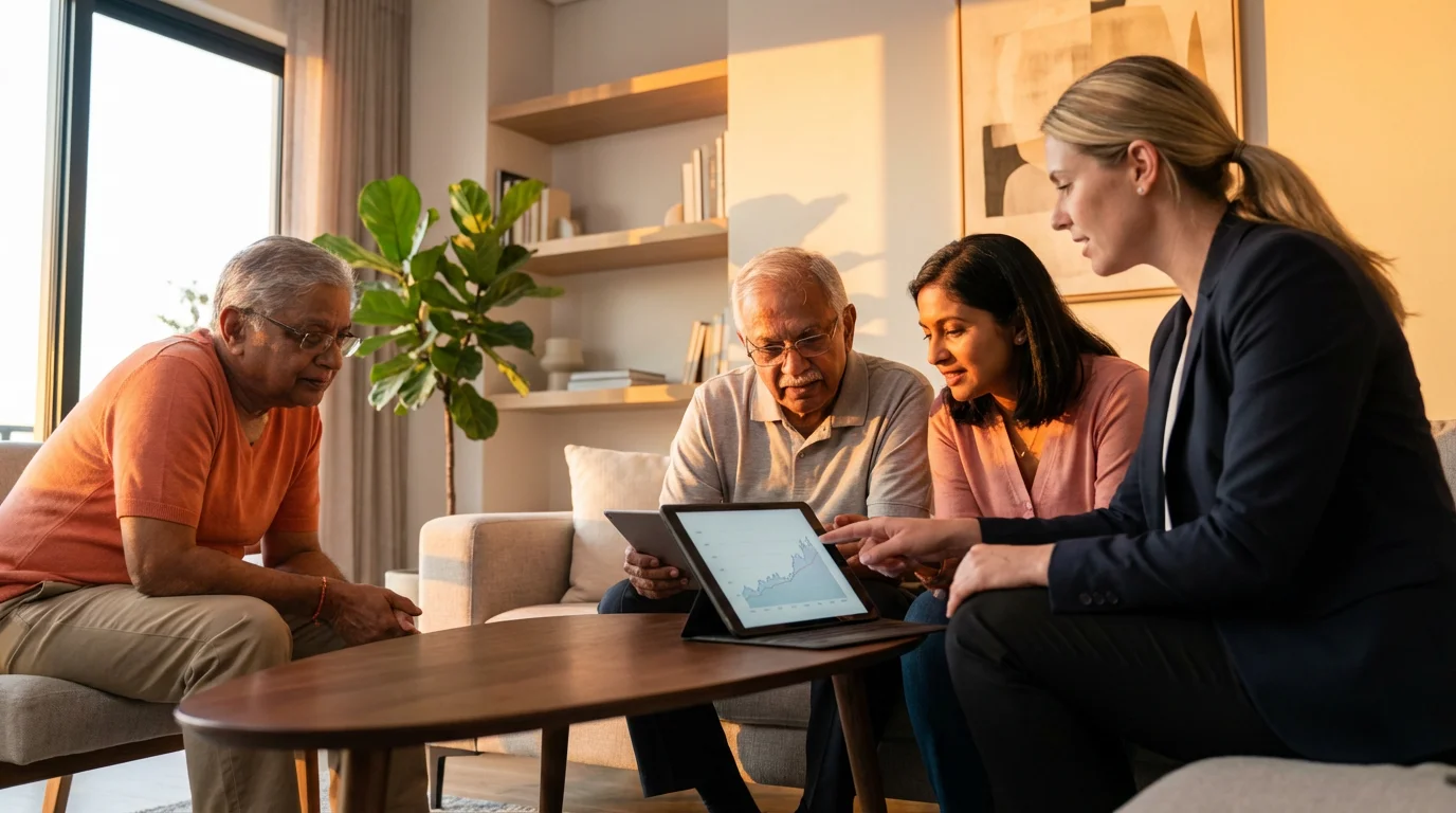A senior couple with their daughter and a financial advisor reviewing a tablet.
