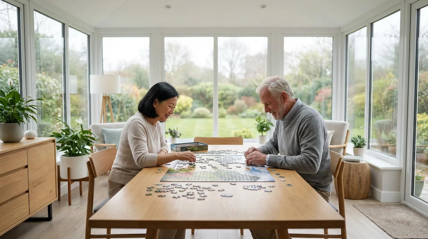 A senior couple works on a large, intricate jigsaw puzzle in a bright sunroom.