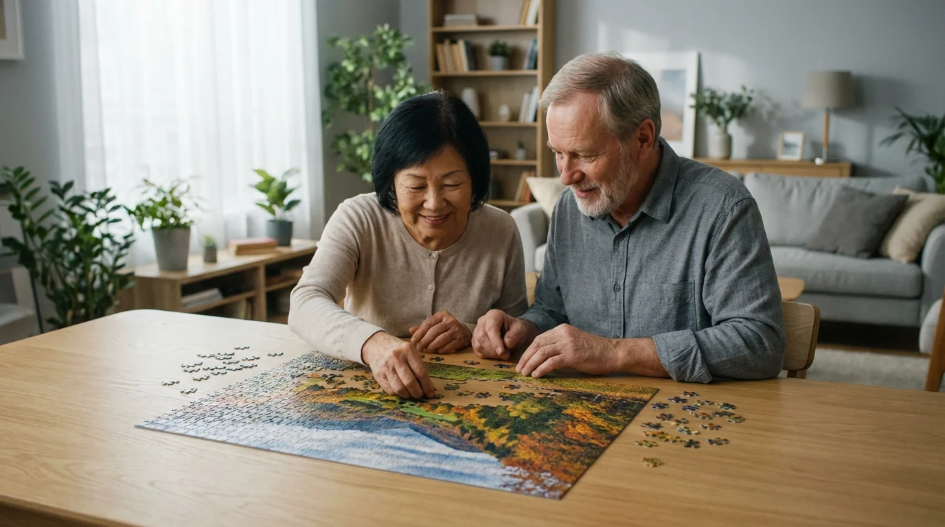 A senior couple works together on a large, colorful jigsaw puzzle in a brightly lit room.