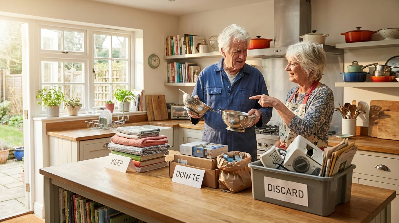 A senior couple works together, sorting kitchen items into piles on their kitchen island.