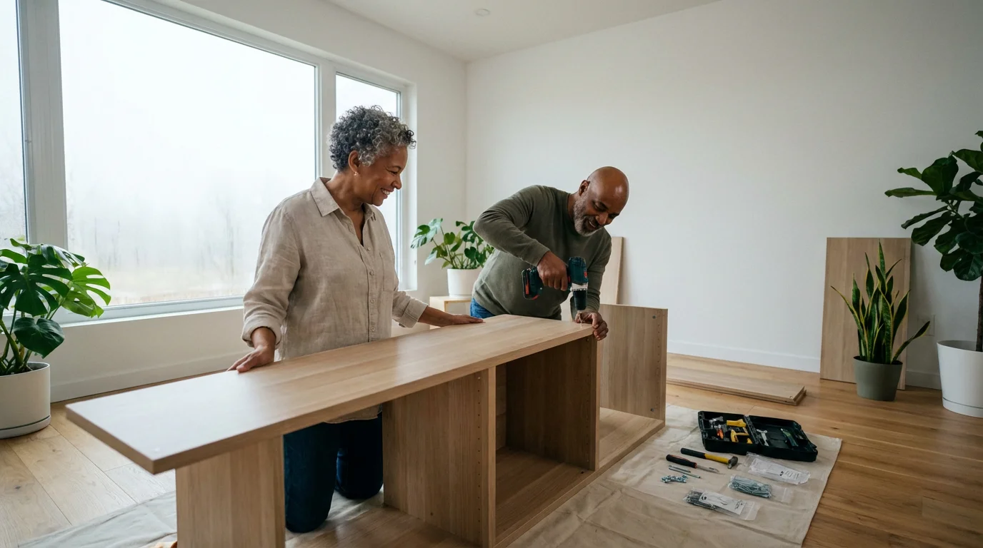 A senior couple works together to assemble modern furniture in their sunlit living room.