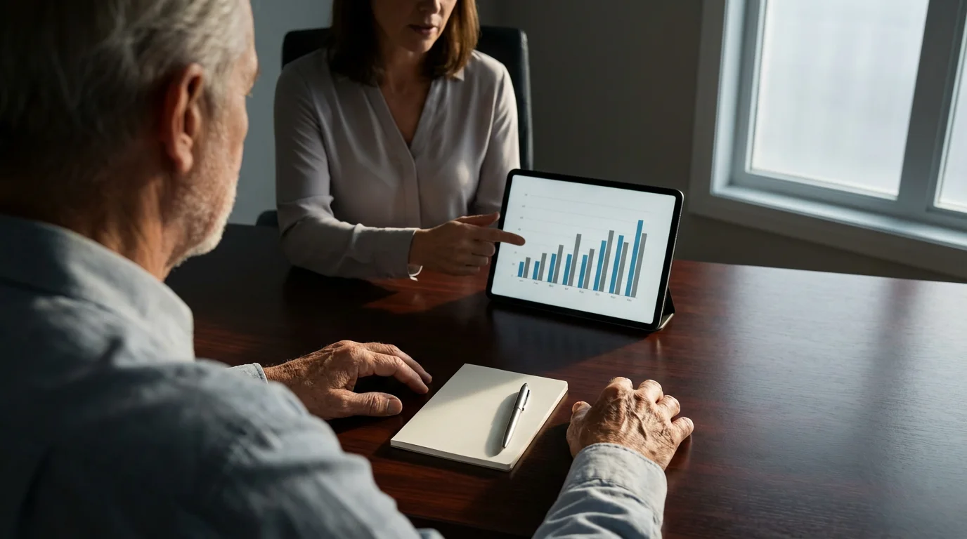 A senior man and a financial advisor reviewing charts on a tablet during retirement planning.