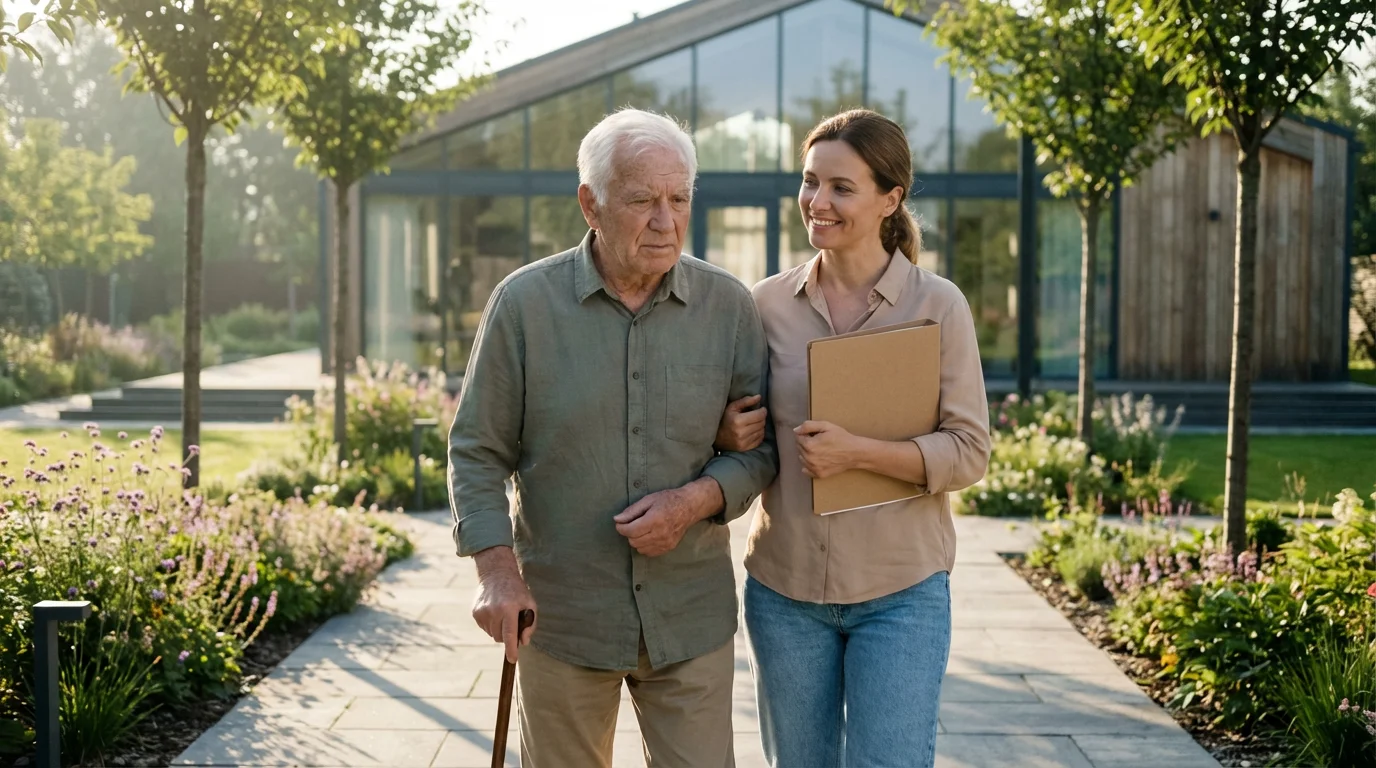 A senior man and his adult daughter thoughtfully touring an upscale senior living community campus.