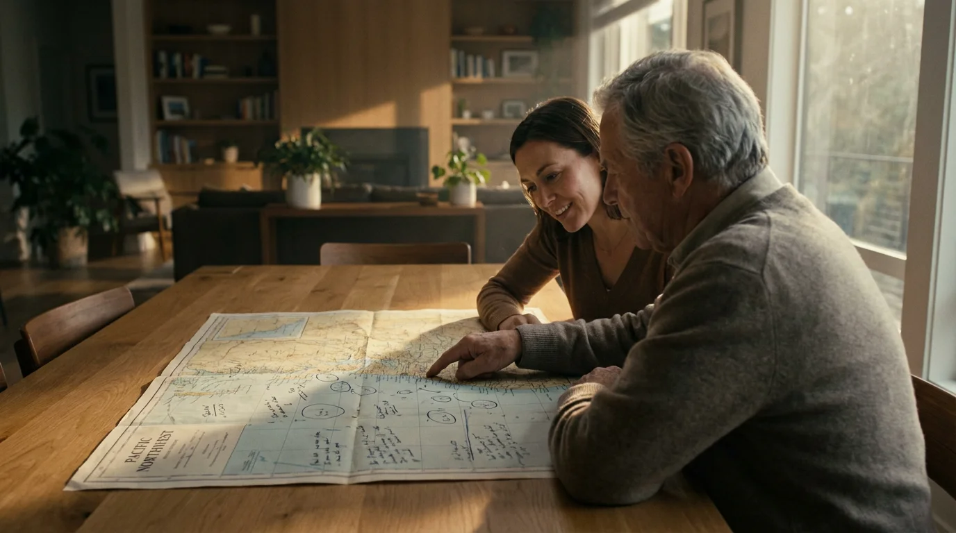A senior man and his granddaughter looking at a large map on a table.