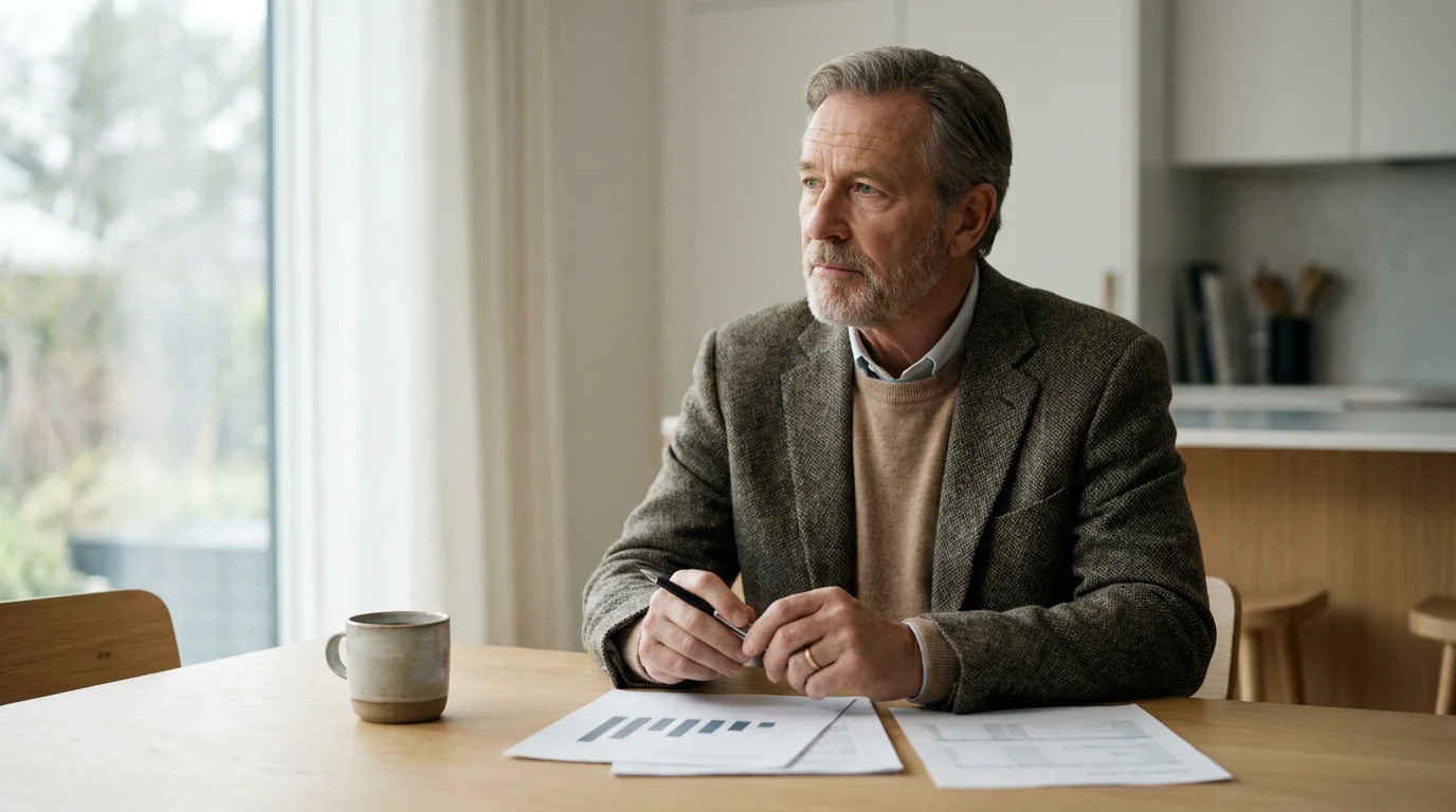 A senior man at a dining table reviews financial documents in soft morning light.