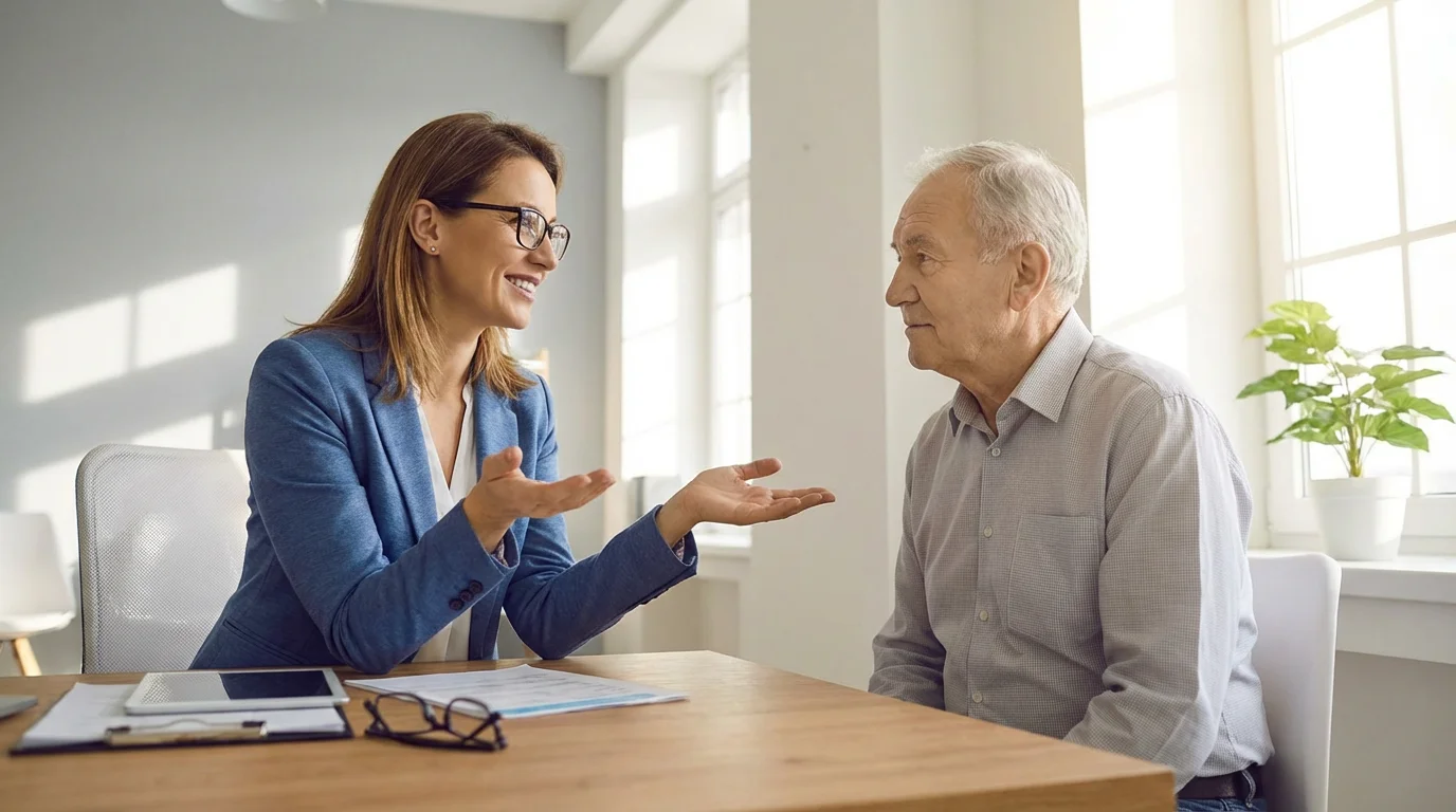 A senior man in a positive consultation with his doctor in a bright, modern office.