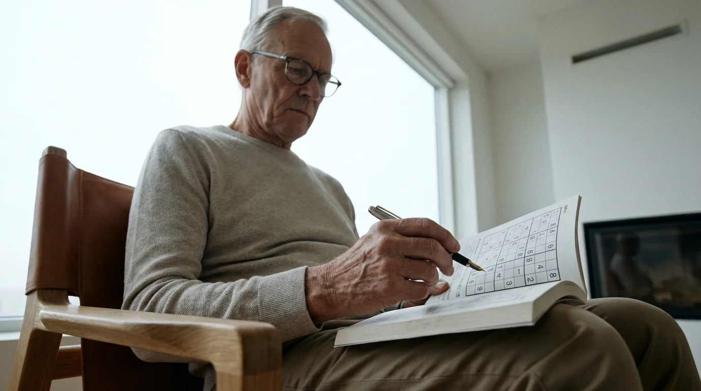 A senior man in glasses concentrates on a Sudoku puzzle in a brightly lit room.