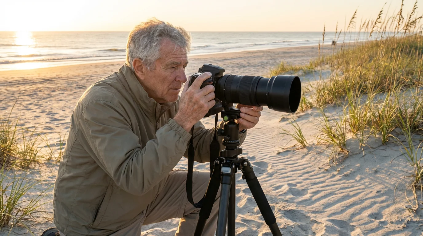 A senior man kneels on a sand dune, adjusting his camera at sunrise.
