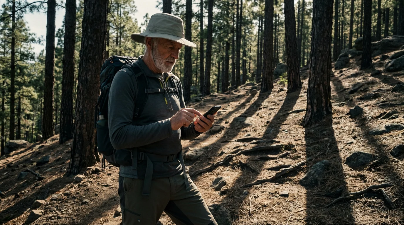A senior man on a sunlit forest trail checks his smartphone during a hike.