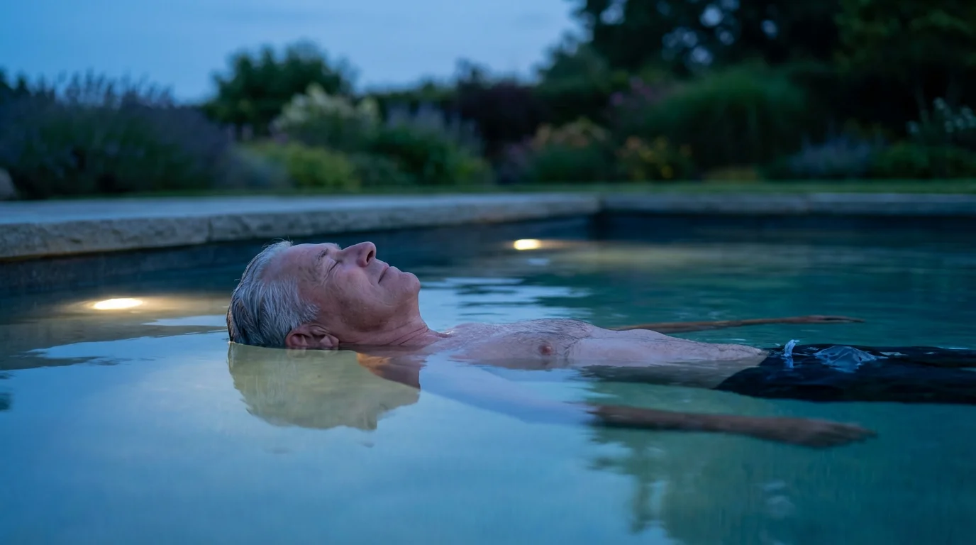 A senior man peacefully floating in a calm swimming pool during a cool evening.