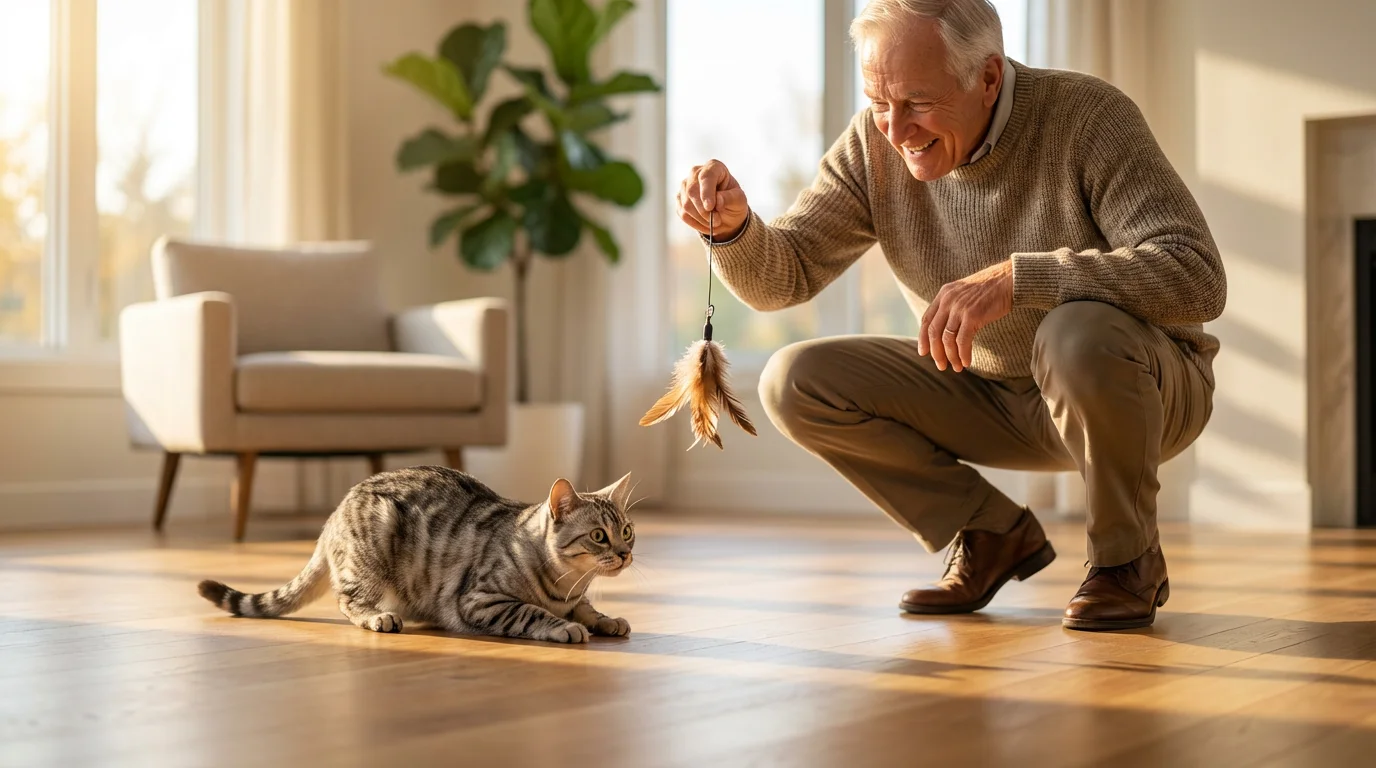A senior man playing with his silver tabby cat in a sunlit retirement apartment.