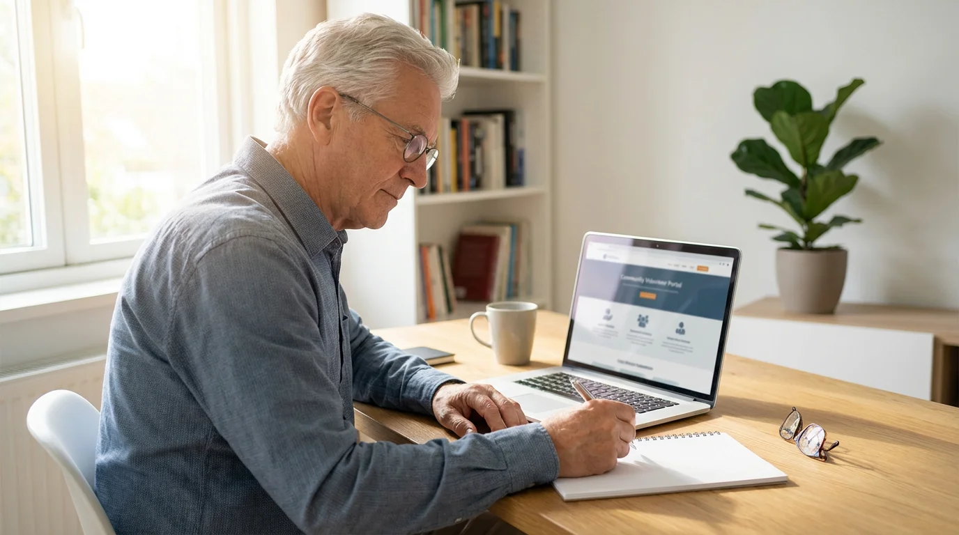 A senior man sits at a desk, researching volunteer opportunities on his laptop.