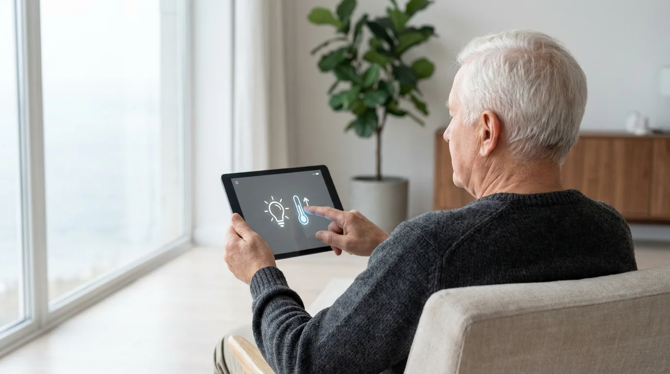 A senior man uses a tablet to control smart home technology in his apartment.
