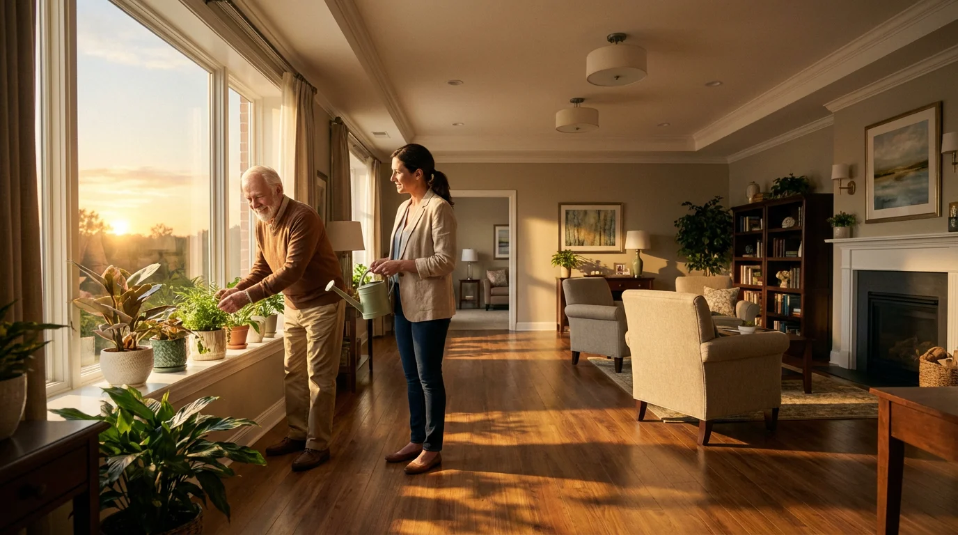 A senior man waters plants in a sunny assisted living common room.
