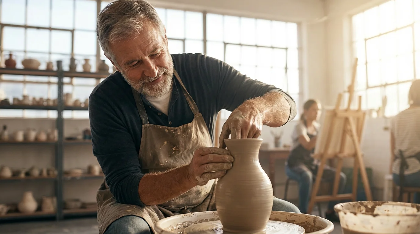 A senior man with a beard concentrating while making a clay pot on a pottery wheel.