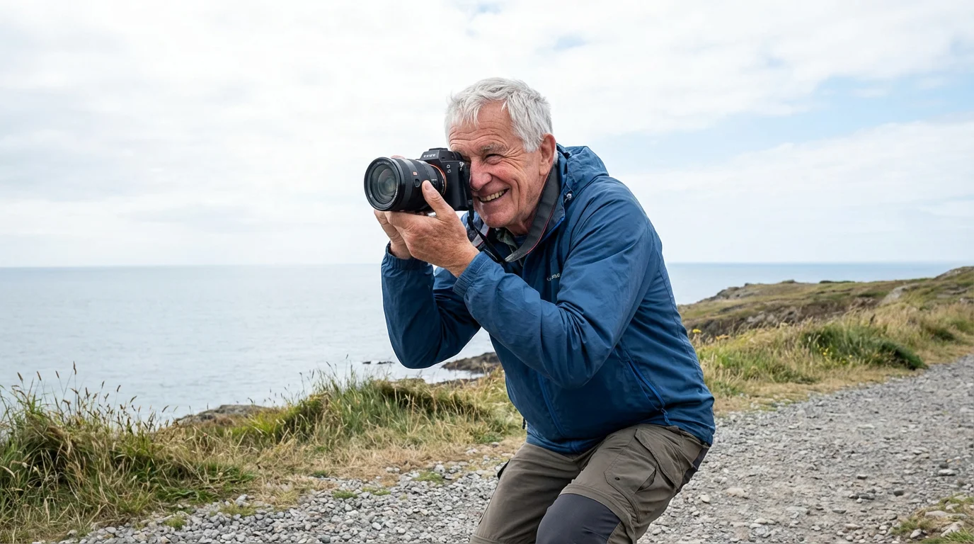 A senior man with a camera enjoying active photography on a scenic coastal path.