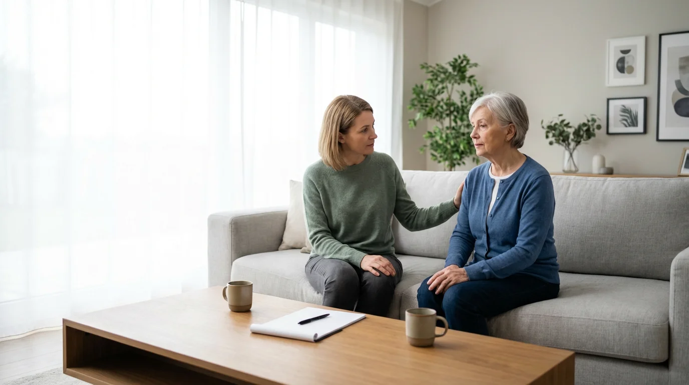 A senior mother and her adult daughter discuss planning in a bright, modern living room.