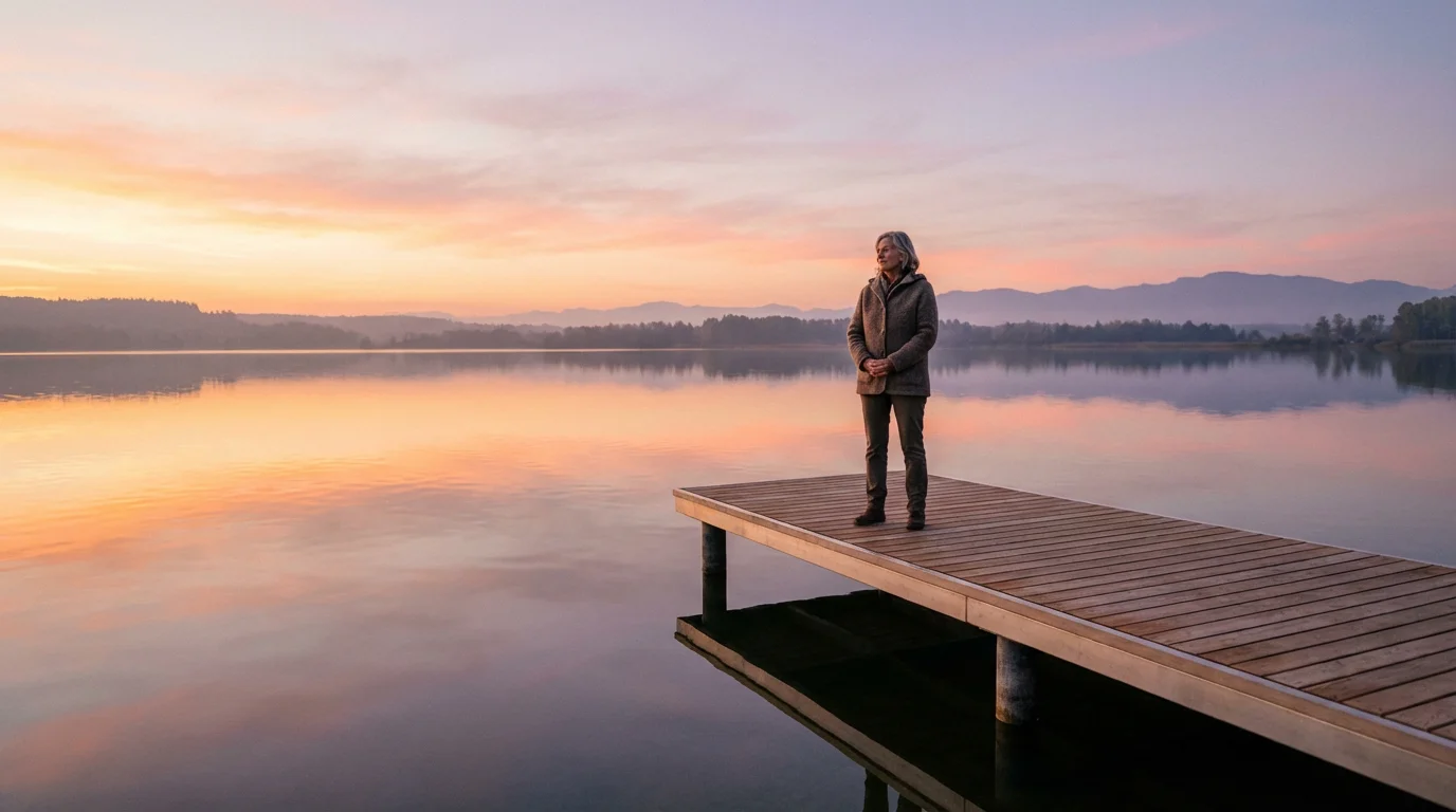 A senior person stands on a pier at sunrise, looking over a calm lake.