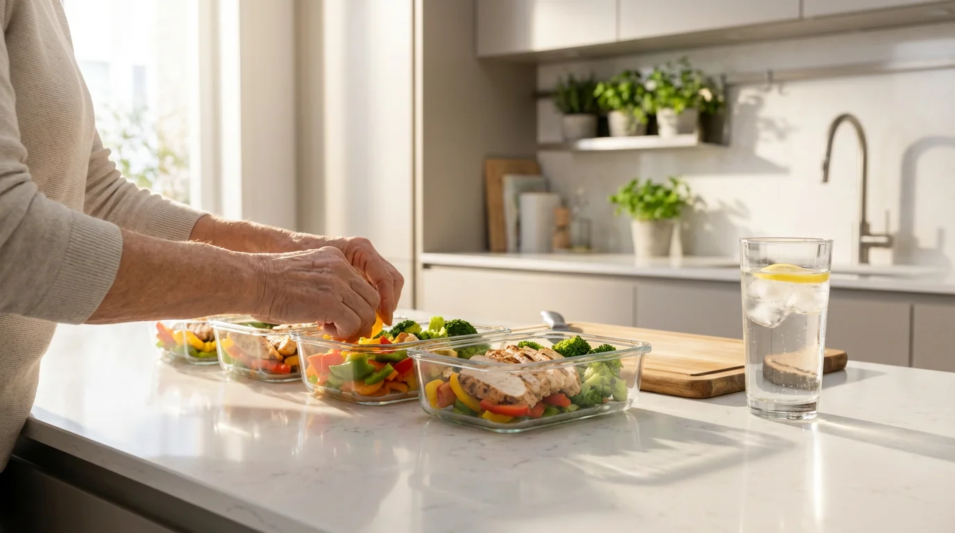 A senior preparing healthy meals in glass containers with a glass of water nearby.