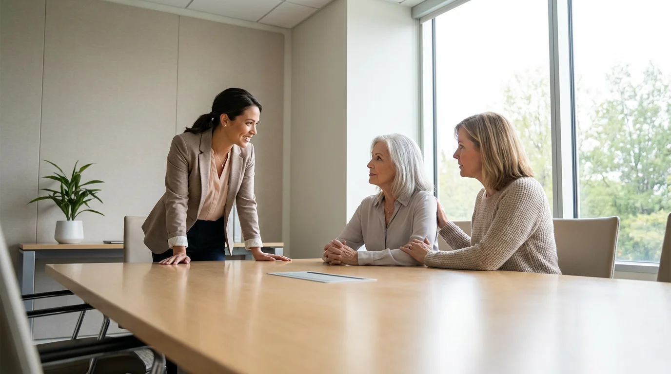 A senior resident and her daughter meeting with a staff member in a bright office.