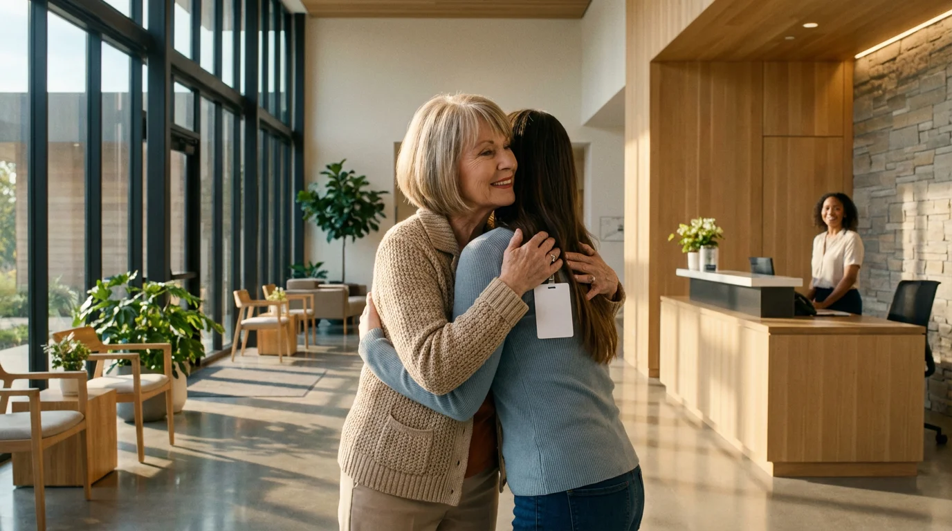 A senior resident warmly greets her visiting daughter in a modern, secure community clubhouse lobby.