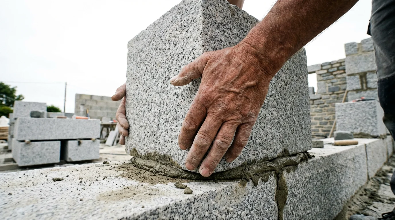 A senior stonemason carefully lays a large cornerstone to build a solid stone foundation.