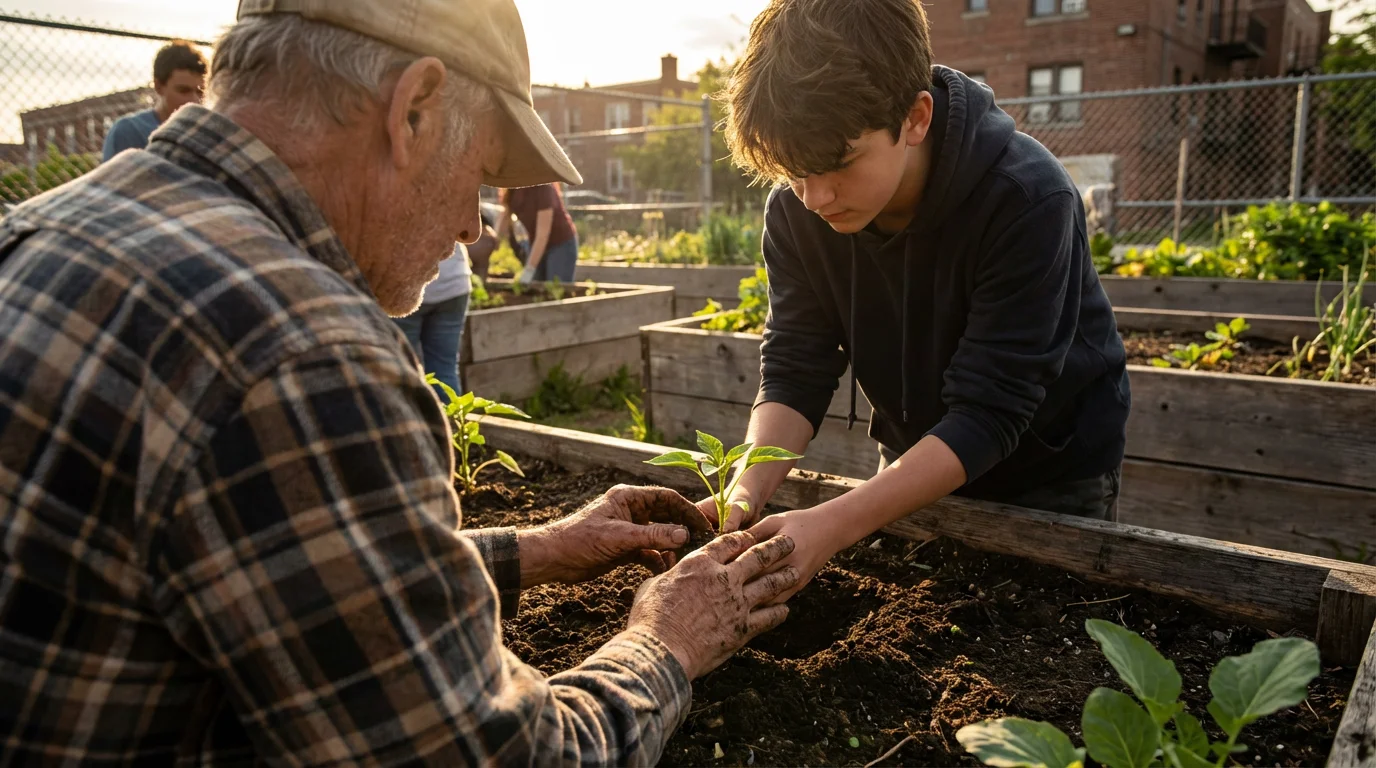 A senior volunteer and a teenager planting a seedling together in a community garden.