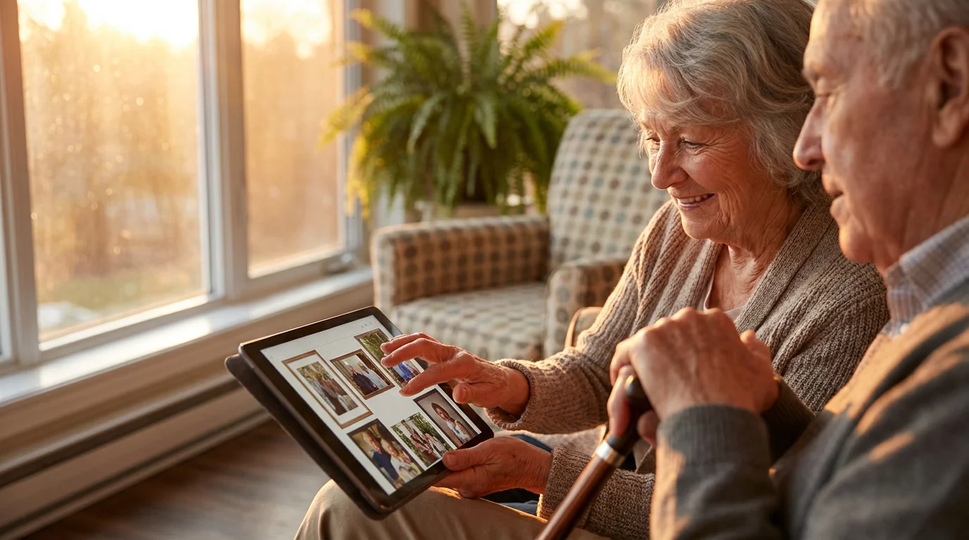 A senior volunteer patiently teaches another senior resident how to use a digital tablet.