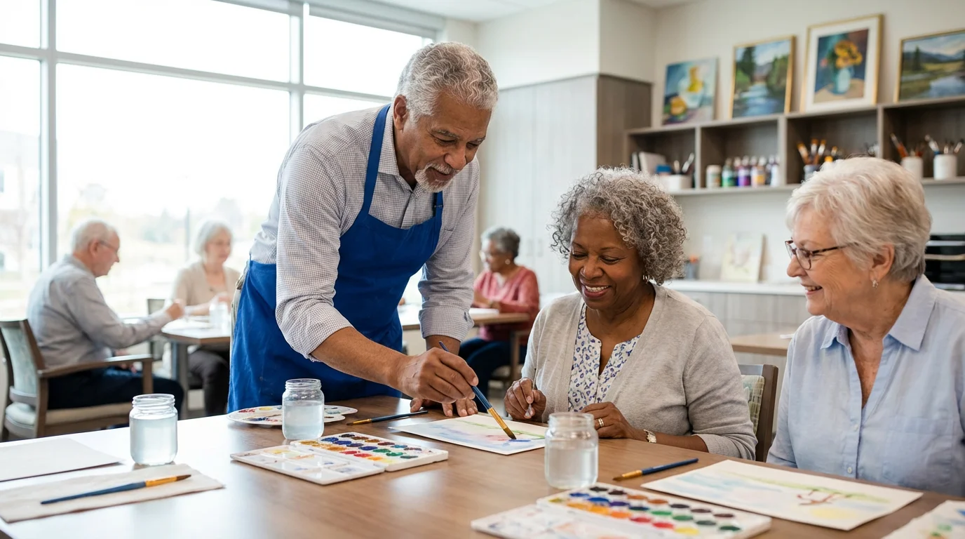 A senior volunteer teaches a watercolor painting class to residents in a community room.