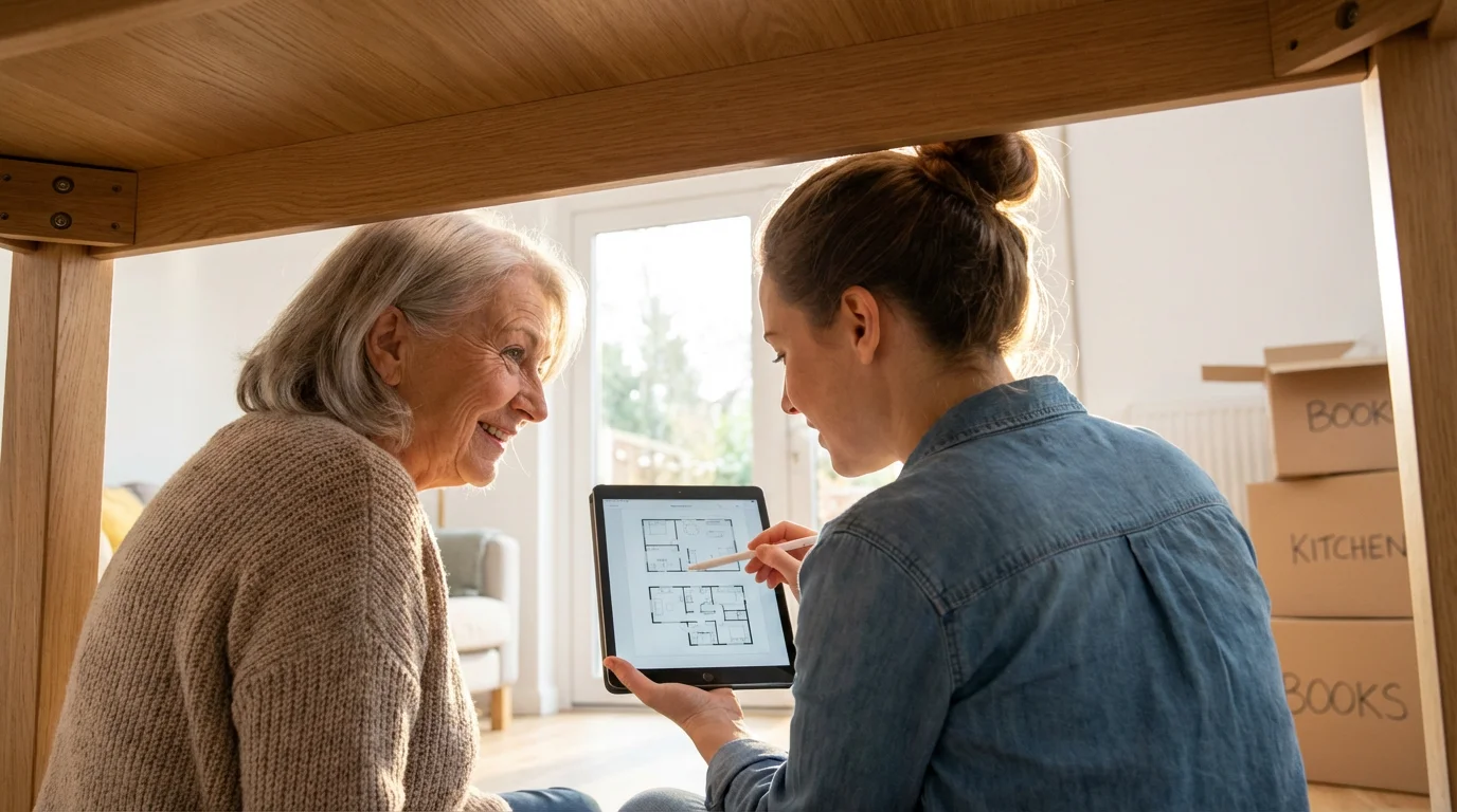 A senior woman and a younger woman happily planning a move with a digital tablet.