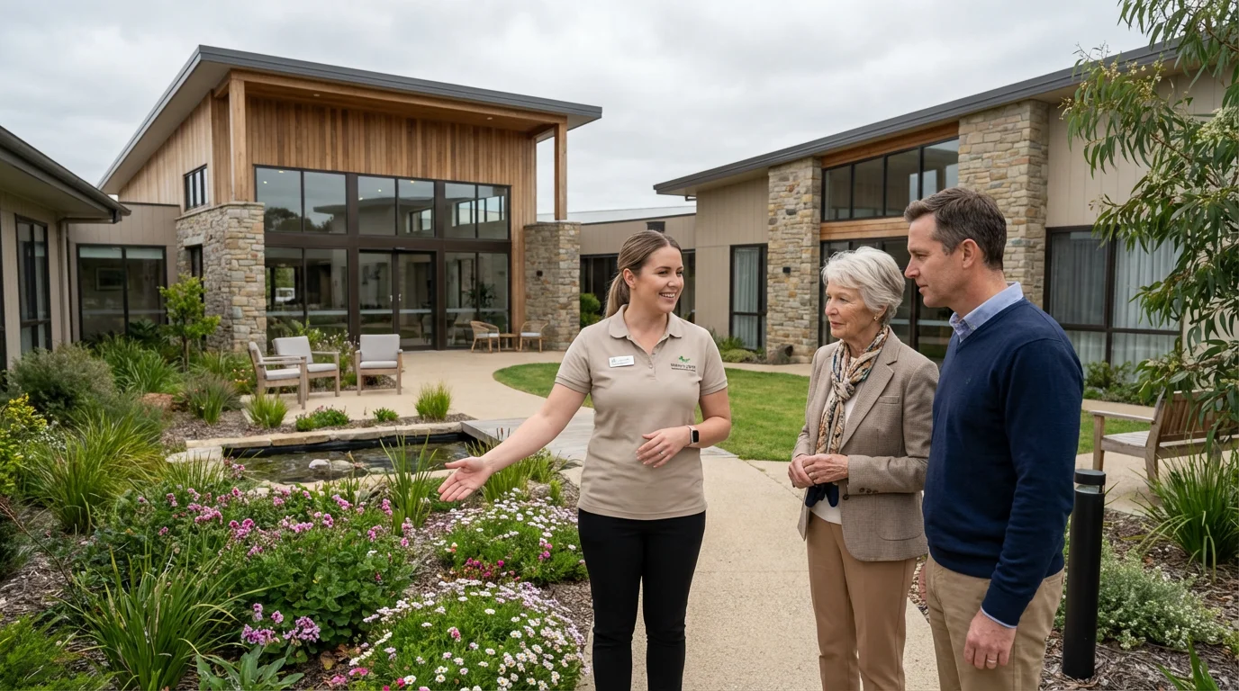 A senior woman and her son touring a garden at a modern independent living community.